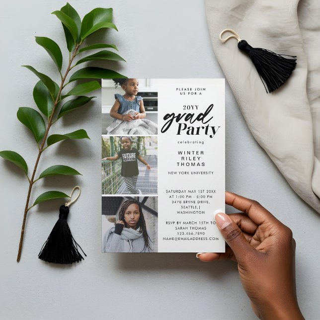 Modern White Now & Then 3 Photo Graduation Party Invitation (Modern White Now & Then 3 Photo Graduation Party Invitation)