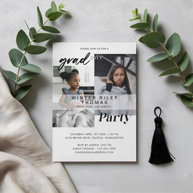 Modern White Now & Then Two Photo Graduation Party Invitation (Modern White Now & Then Two Photo Graduation Party Invitation)