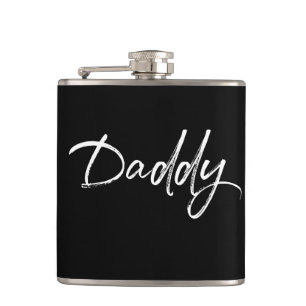 Modern White on Black Daddy Script  Hip Flask