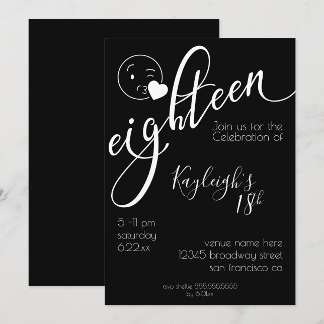Modern White on Black Kissy Emoji 18th Birthday Invitation (Front/Back)