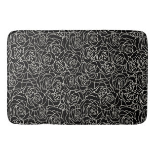 Modern White on Black Roses Pattern  Bath Mat