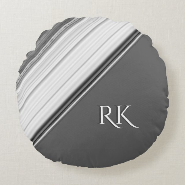 Modern White on Grey Monogram Round Pillow (Front)