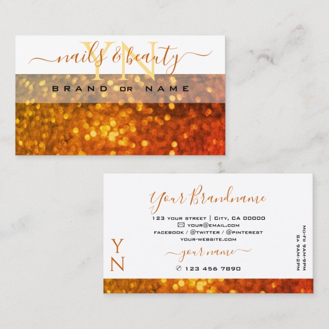Modern White Orange Gold Sparkle Glitter Monogram Business Card (Front/Back)