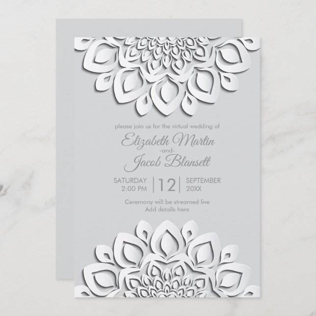Modern White Paper cut Mandala Virtual Wedding Invitation (Front/Back)