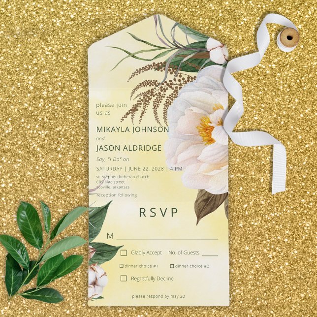 Modern White Peonies Floral on Yellow Dinner All In One Invitation (Creator Uploaded)