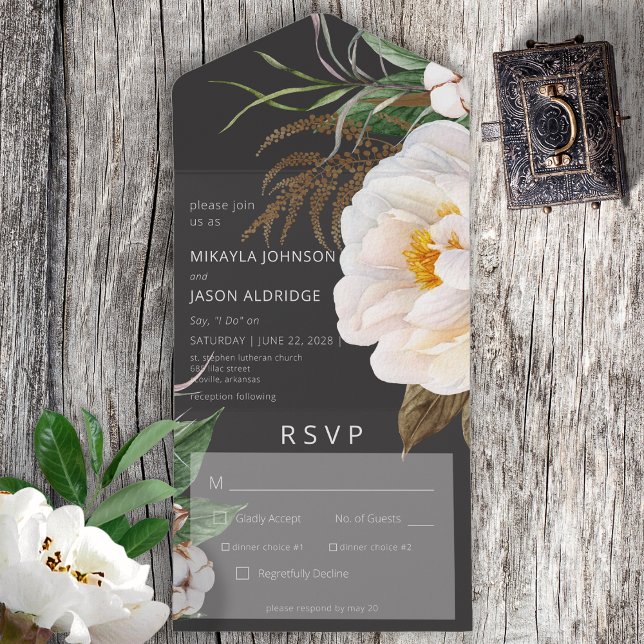 Modern White Peonies on Black Dinner All In One Invitation (Also available with a QR code or without dinner selection options.)