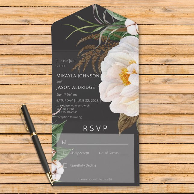 Modern White Peonies on Black No Dinner All In One Invitation (Also available with a QR code or with dinner selection options.)