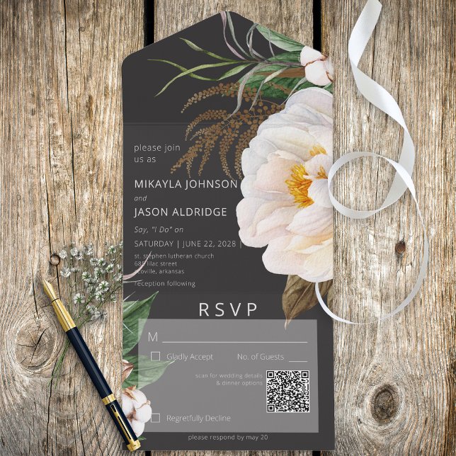 Modern White Peonies on Black QR Code All In One Invitation (Also available without a QR code; with or without dinner selection options.)