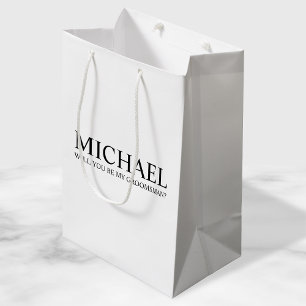 Modern White Personalized Groomsman Proposal Medium Gift Bag