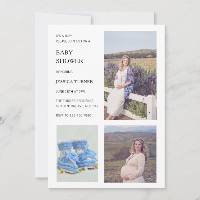 Modern White Photo Collage Boy Baby Shower Invitation (Front)