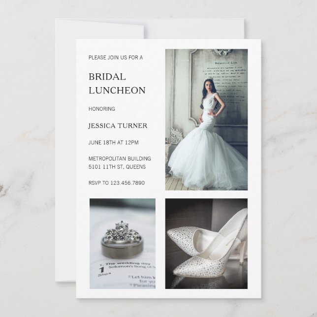 Modern White Photo Collage Bridal Luncheon Invitation (Front)