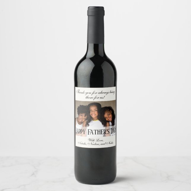 Modern White Photo Happy Father's Day Wine Labels (Front)