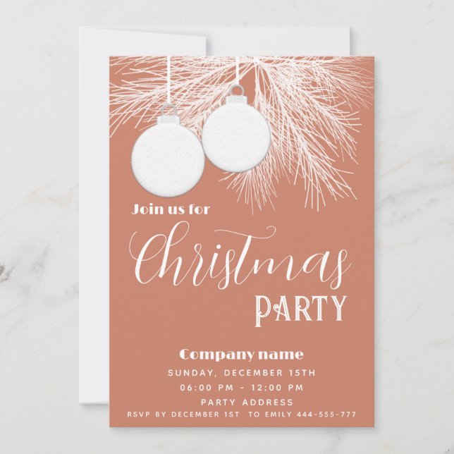 Modern white pine branch Christmas balls Invitation (Front)