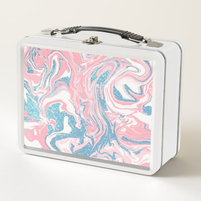 Modern White Pink Blue Glitter Marble Metal Lunch Box (Front)