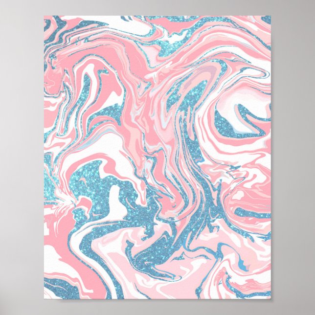 Modern White Pink Blue Glitter Marble Poster (Front)