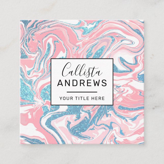 Modern White Pink Blue Glitter Marble Square Business Card (Front)