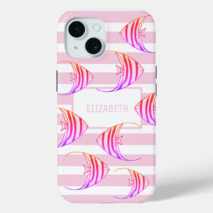 Modern White Pink Striped Angel Fish Personalized iPhone 15 Case
