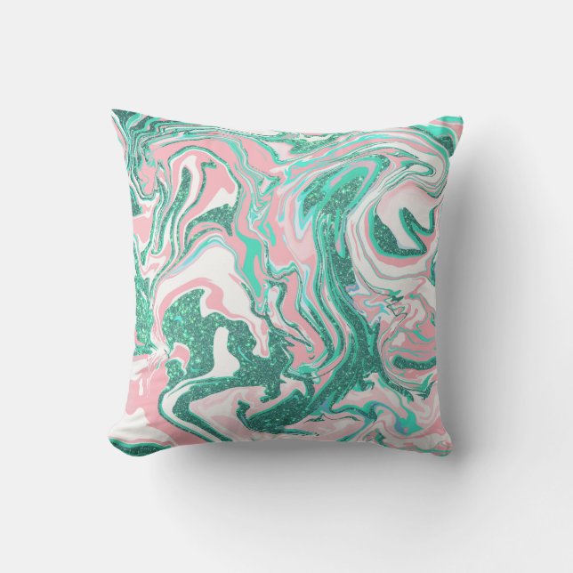 Modern White Pink Teal Green Glitter Marble Outdoor Pillow (Front)