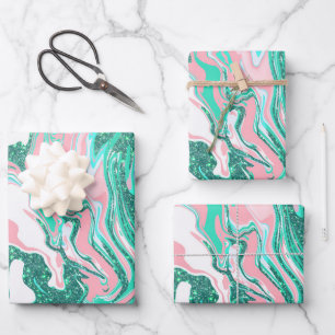 Modern White Pink Teal Green Glitter Marble Wrapping Paper Sheet