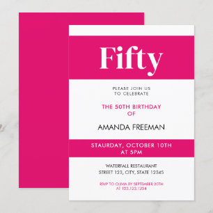 Modern White & Pink Typography 50th Birthday Invitation