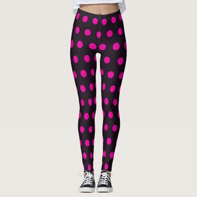 Modern white polka dots on black, spots pattern leggings (Front)