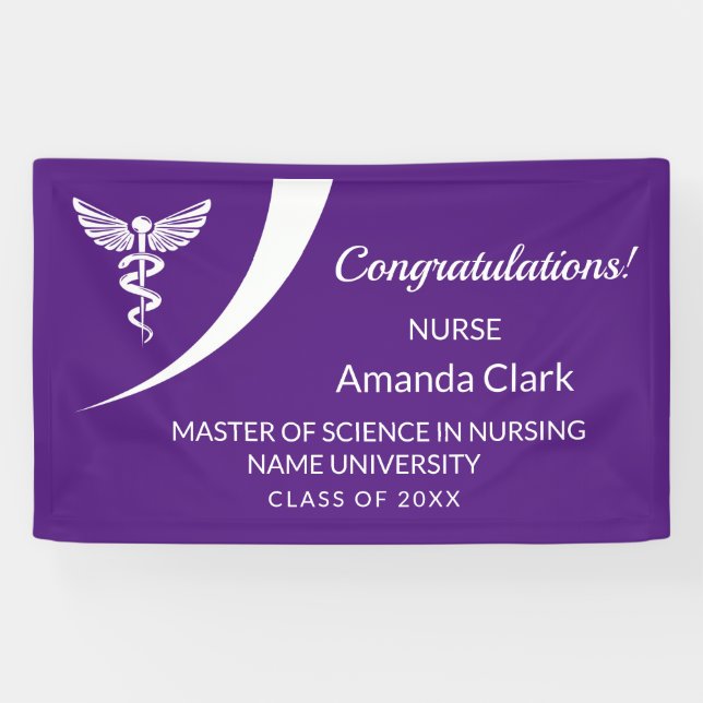 Modern White & Purple Caduceus Nursing Graduation Banner (Horizontal)