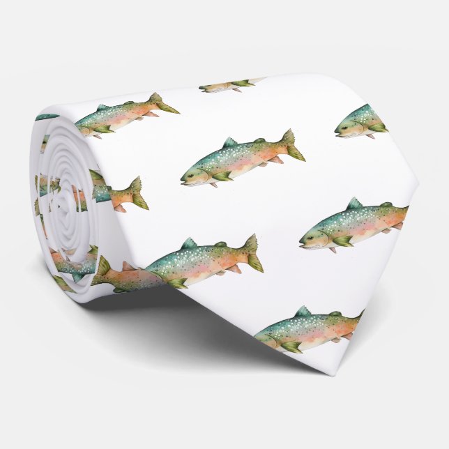 Modern White Rainbow Trout Fish  Fisherman Tie (Rolled)