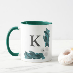 Modern White Ranunculus Flowers & Foliage Monogram Mug