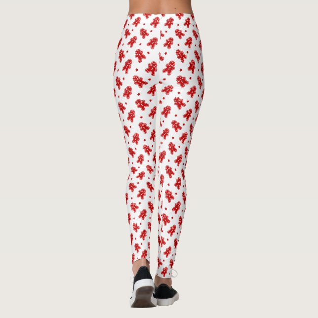 Modern  White & Red Gingerbread Man Pattern Leggings (Back)