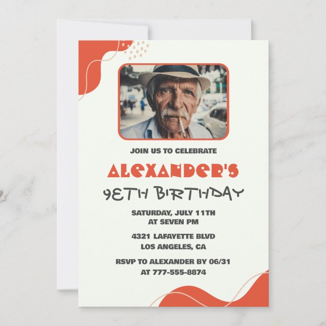 Modern White Red Men 98th birthday invitations   (Front)