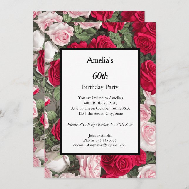 Modern white red roses Birthday Party   Invitation (Front/Back)