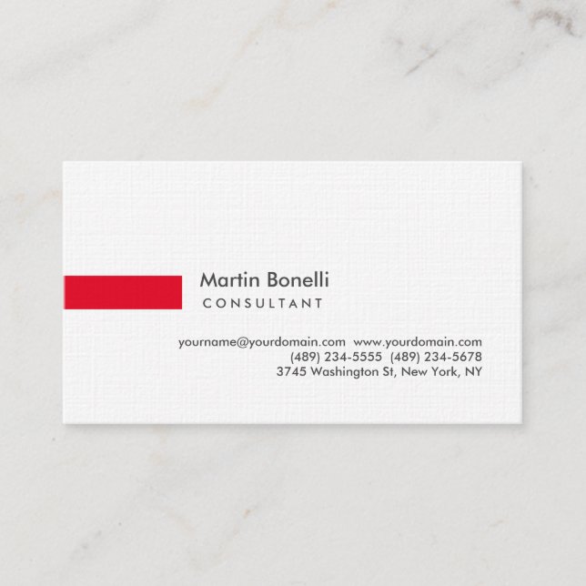 Modern White Red Simple Consultant Premium Linen Business Card (Front)