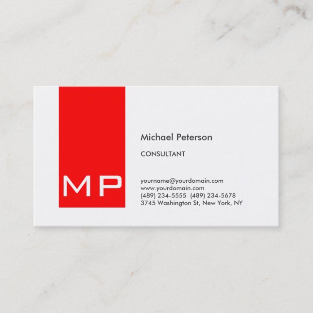 Modern White Red Stripe Monogram Business Card (Front)