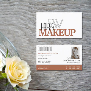 Modern White Reddish Brown with Monogram and Photo Business Card