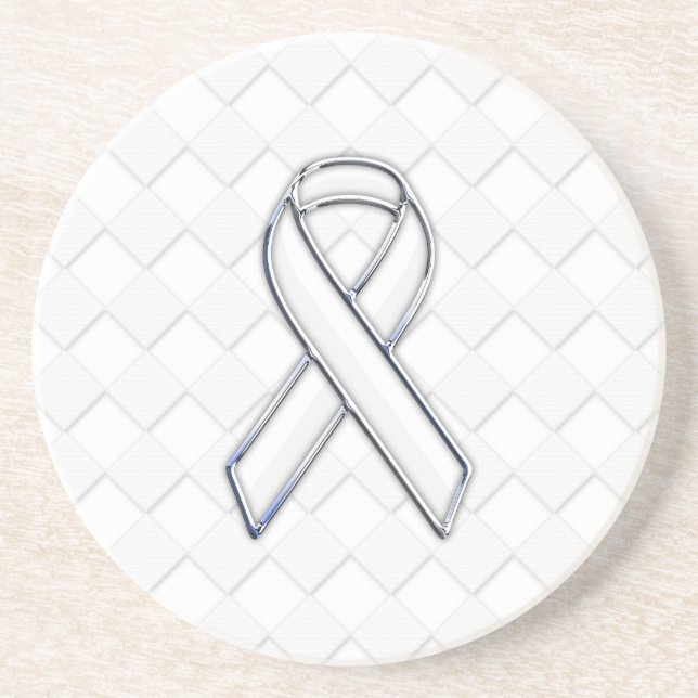 Modern White Ribbon Awareness on Checkers Print Coaster (Front)
