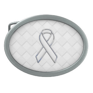 Modern White Ribbon Awareness on Checkers Print Oval Belt Buckle