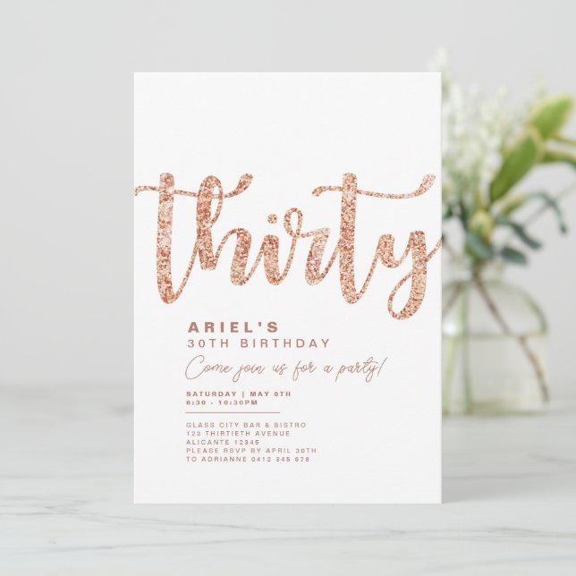 Modern White & Rose Gold 30th Birthday Invitation (Standing Front)