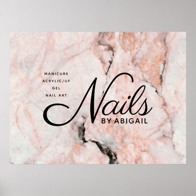 Modern White Rose Marble Gold Nails By "Name" Poster (Front)