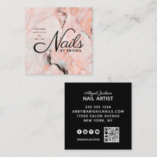 Modern White Rose Marble Nails By "Name" QR Code Square Business Card
