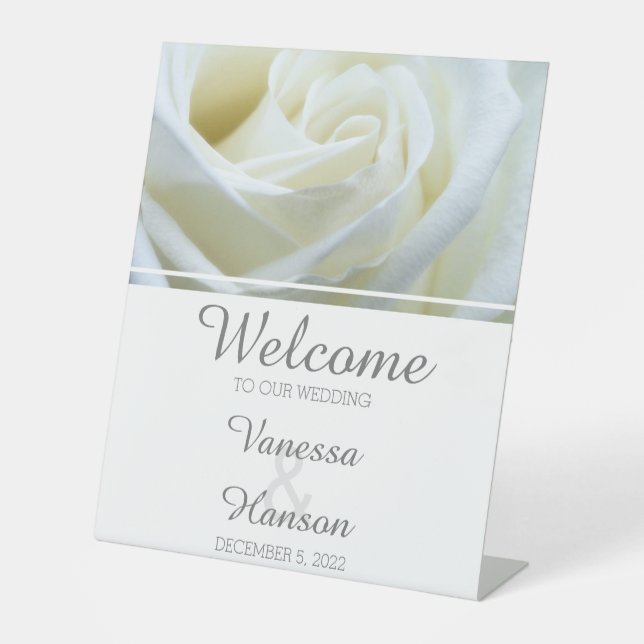 Modern White Rose Wedding Pedestal Sign (Front)