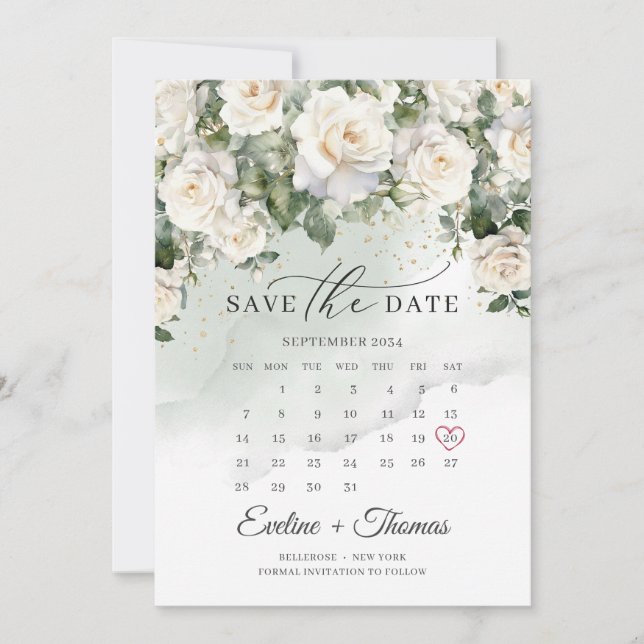 Modern white roses and greenery month calendar save the date (Front)