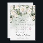 Modern white roses and greenery month calendar save the date<br><div class="desc">Modern white roses and greenery month calendar Save the Date card, Charming whimsical bohemian design, inspired by the eternal white roses - peonies - the symbol of love, lush flower garden of soft white roses peonies, woven in fresh eucalyptus greenery and woven around the fax gold oval frame. You want...</div>
