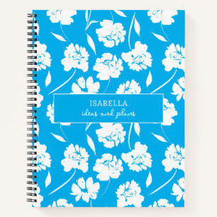 Modern White Roses on Blue Pattern Personalized Notebook