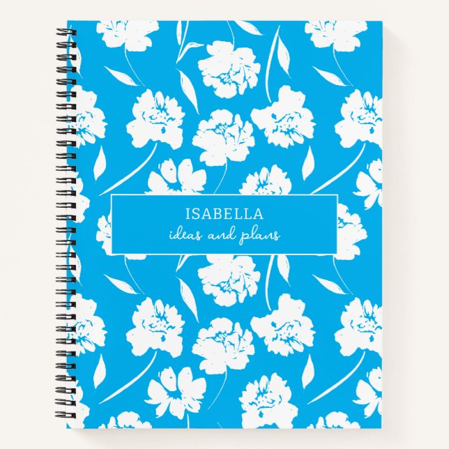 Modern White Roses on Blue Pattern Personalized Notebook (Front)
