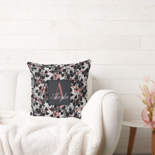 Modern White Roses with Pink Leaves Monogram Throw Pillow