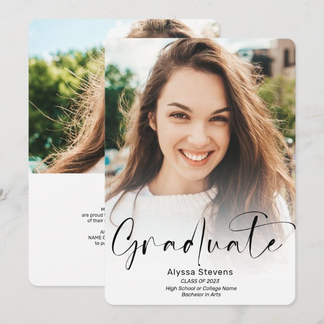 Modern white script 2 photos graduation announcement (Front/Back)