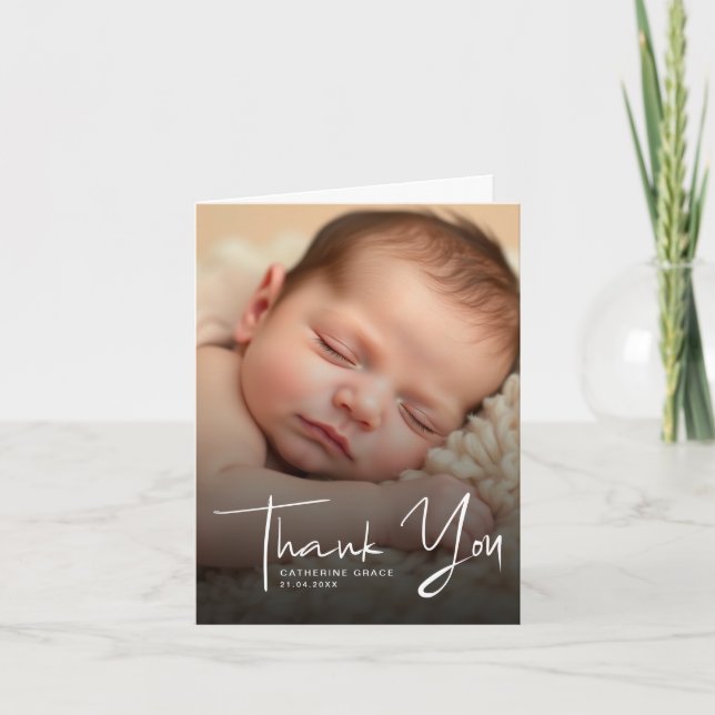 Modern White Script Baby Photo Baptism  Thank You Card (Front)
