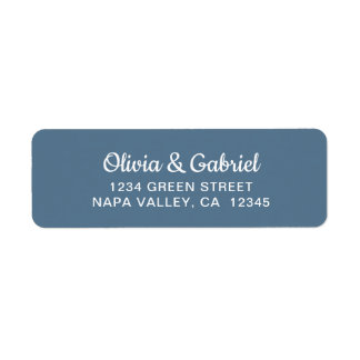Modern white Script. Blue Wedding Return Address