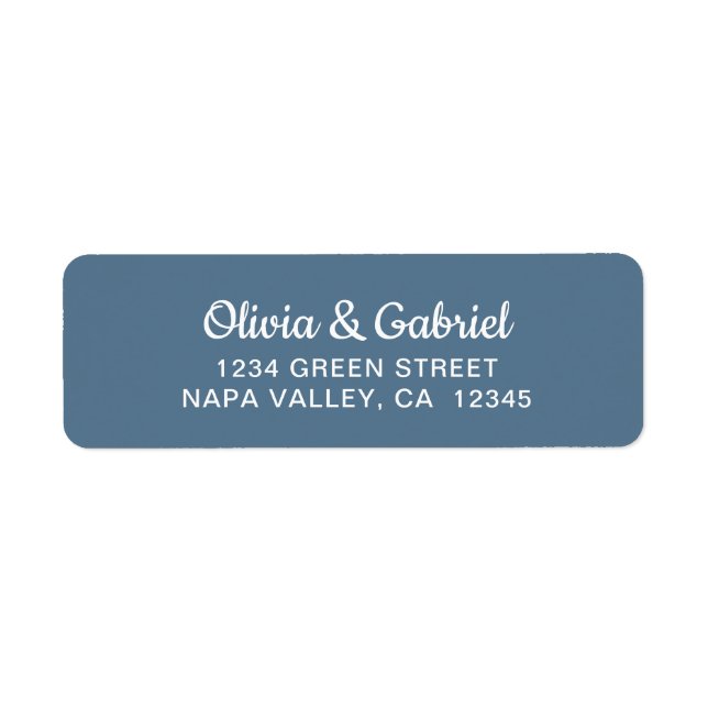 Modern white Script. Blue Wedding Return Address (Front)