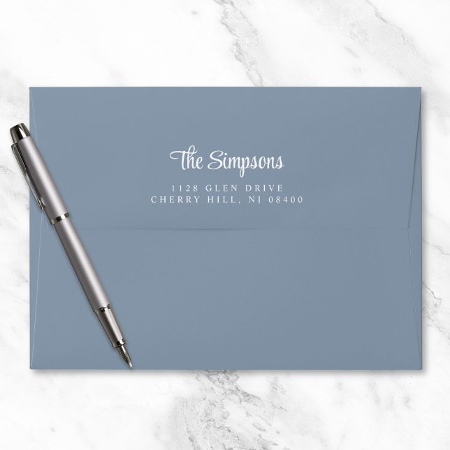 Modern White Script Dusty Blue Return Address Envelope (Creator Uploaded)